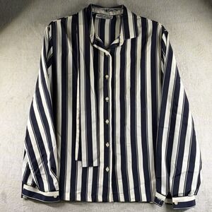 Vintage 70s 80s Navy Stripe Blouse Button Down Silky Plus Size 18 ILGWU USA